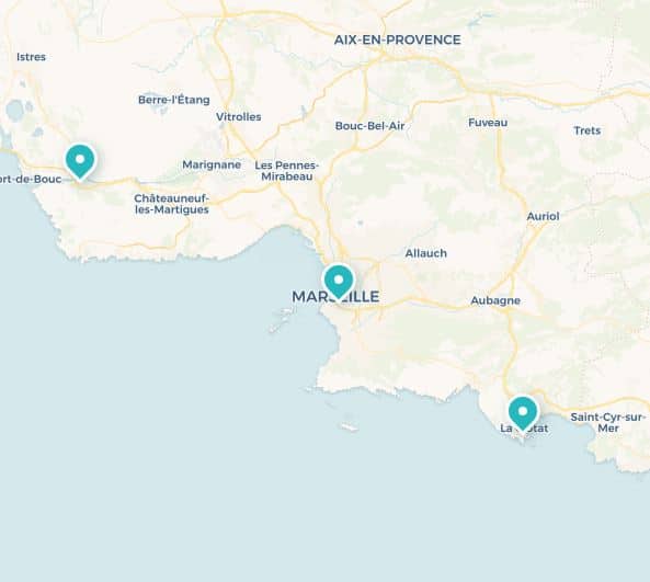 Carte des agences à Marseille, Martigues et La Ciotat Carte de Marseille et ses environs avec trois points de localisation à Port-de-Bouc, Marseille et La Ciotat.